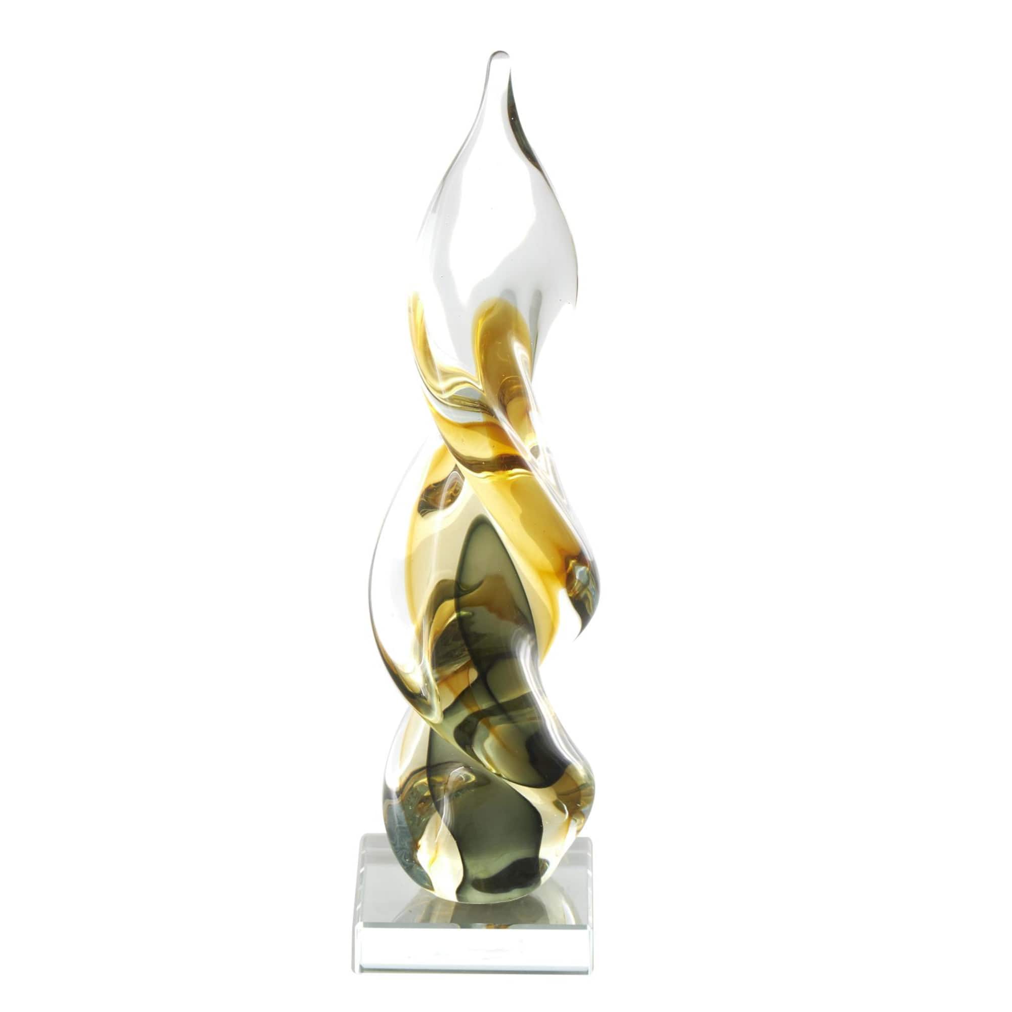 12" Clear, Yellow & Green Abstract Glass Sculpture